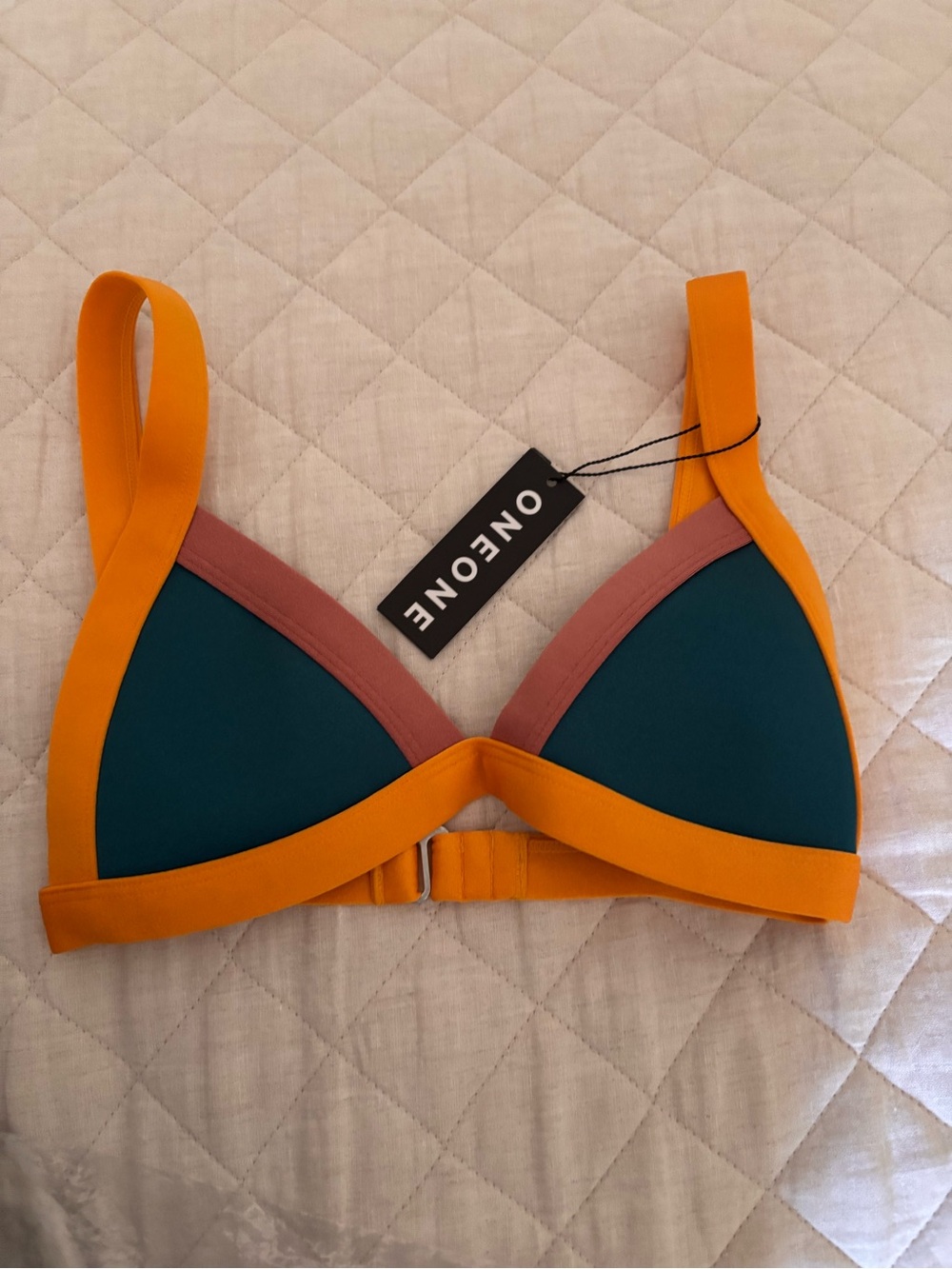 NWT Oneone Swimwear Kameron Colorblock Triangle Bralette in Teal and Orange